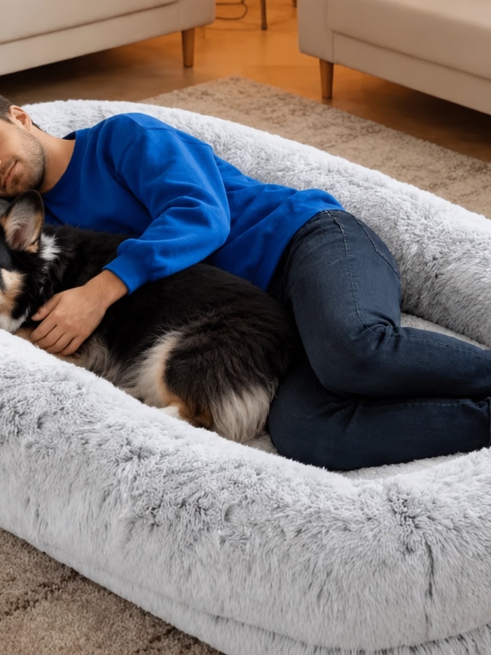 Plush Gray Human Dog Bed - Cozy Pet Lounger
